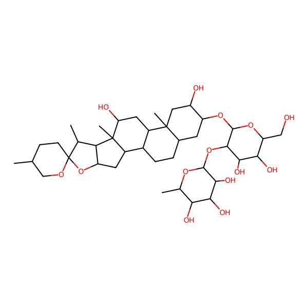 2D Structure of (2S,3R,4R,5R,6S)-2-[(2R,3R,4S,5R,6R)-2-[(1R,2S,4S,5'R,6R,7S,8R,9S,10R,12S,13S,15R,16R,18S)-10,15-dihydroxy-5',7,9,13-tetramethylspiro[5-oxapentacyclo[10.8.0.02,9.04,8.013,18]icosane-6,2'-oxane]-16-yl]oxy-4,5-dihydroxy-6-(hydroxymethyl)oxan-3-yl]oxy-6-methyloxane-3,4,5-triol
