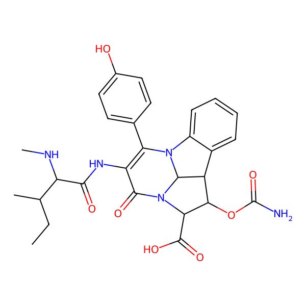 2D Structure of 9-Carbamoyloxy-14-(4-hydroxyphenyl)-13-[[3-methyl-2-(methylamino)pentanoyl]amino]-12-oxo-1,11-diazatetracyclo[6.6.1.02,7.011,15]pentadeca-2,4,6,13-tetraene-10-carboxylic acid