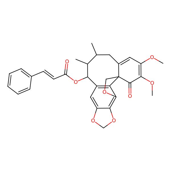 2D Structure of [(1S)-18,19-dimethoxy-13,14-dimethyl-20-oxo-3,6,8-trioxapentacyclo[9.9.1.01,16.04,21.05,9]henicosa-4(21),5(9),10,16,18-pentaen-12-yl] 3-phenylprop-2-enoate