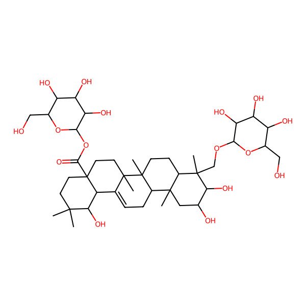 2D Structure of [3,4,5-Trihydroxy-6-(hydroxymethyl)oxan-2-yl] 1,10,11-trihydroxy-2,2,6a,6b,9,12a-hexamethyl-9-[[3,4,5-trihydroxy-6-(hydroxymethyl)oxan-2-yl]oxymethyl]-1,3,4,5,6,6a,7,8,8a,10,11,12,13,14b-tetradecahydropicene-4a-carboxylate