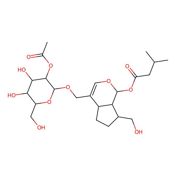 2D Structure of [4-[[3-Acetyloxy-4,5-dihydroxy-6-(hydroxymethyl)oxan-2-yl]oxymethyl]-7-(hydroxymethyl)-1,4a,5,6,7,7a-hexahydrocyclopenta[c]pyran-1-yl] 3-methylbutanoate
