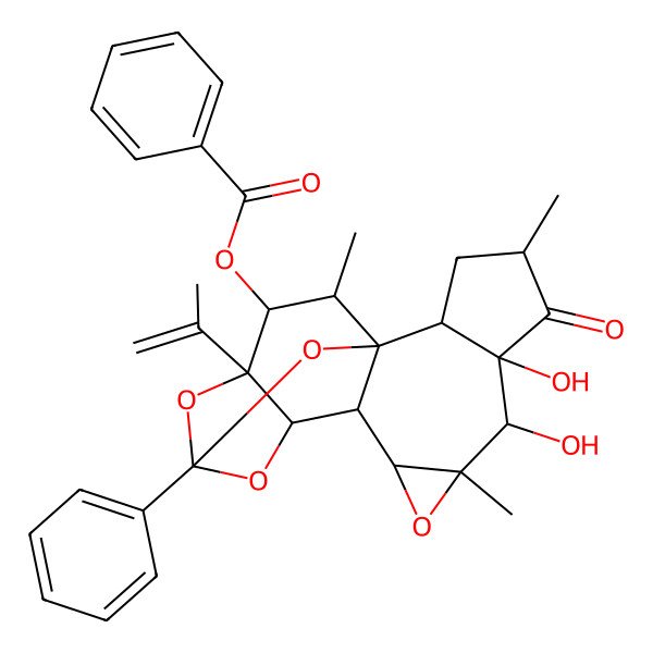 2D Structure of (6,7-Dihydroxy-4,8,18-trimethyl-5-oxo-14-phenyl-16-prop-1-en-2-yl-9,13,15,19-tetraoxahexacyclo[12.4.1.01,11.02,6.08,10.012,16]nonadecan-17-yl) benzoate