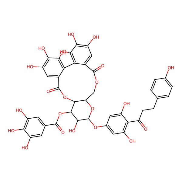 2D Structure of [(10R,11R,12R,13S,15R)-13-[3,5-dihydroxy-4-[3-(4-hydroxyphenyl)propanoyl]phenoxy]-3,4,5,12,21,22,23-heptahydroxy-8,18-dioxo-9,14,17-trioxatetracyclo[17.4.0.02,7.010,15]tricosa-1(23),2,4,6,19,21-hexaen-11-yl] 3,4,5-trihydroxybenzoate
