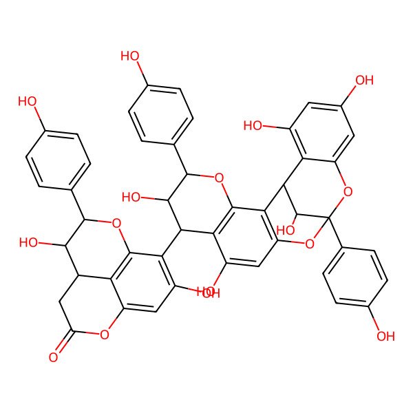 2D Structure of (5S,6R,7R)-6,11-dihydroxy-7-(4-hydroxyphenyl)-10-[(1R,5R,6R,7S,13S,21R)-6,9,17,19,21-pentahydroxy-5,13-bis(4-hydroxyphenyl)-4,12,14-trioxapentacyclo[11.7.1.02,11.03,8.015,20]henicosa-2(11),3(8),9,15,17,19-hexaen-7-yl]-2,8-dioxatricyclo[7.3.1.05,13]trideca-1(13),9,11-trien-3-one