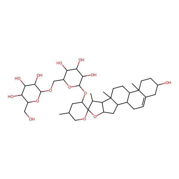 2D Structure of 2-(Hydroxymethyl)-6-[[3,4,5-trihydroxy-6-(16-hydroxy-5',7,9,13-tetramethylspiro[5-oxapentacyclo[10.8.0.02,9.04,8.013,18]icos-18-ene-6,2'-oxane]-3'-yl)oxyoxan-2-yl]methoxy]oxane-3,4,5-triol
