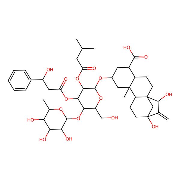 2D Structure of 13,15-Dihydroxy-7-[6-(hydroxymethyl)-4-(3-hydroxy-3-phenylpropanoyl)oxy-3-(3-methylbutanoyloxy)-5-(3,4,5-trihydroxy-6-methyloxan-2-yl)oxyoxan-2-yl]oxy-9-methyl-14-methylidenetetracyclo[11.2.1.01,10.04,9]hexadecane-5-carboxylic acid