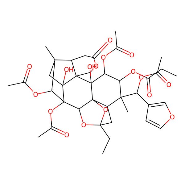 2D Structure of [(1S,2S,3R,5S,7R,8R,9R,10R,11R,12S,17R,18R,20R,21S)-1,10,21-triacetyloxy-8-[(S)-acetyloxy(furan-3-yl)methyl]-5-ethyl-11,20-dihydroxy-8,18-dimethyl-15-oxo-4,14,22-trioxaheptacyclo[16.2.1.12,5.03,7.03,11.012,17.012,20]docosan-9-yl] propanoate