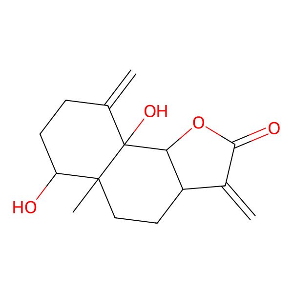 2D Structure of [3aS-(3aalpha,5abeta,6beta,9aalpha,9bbeta)]-Decahydro-6,9a-dihydroxy-5a-methyl-3,9-bis(methylene)-naphtho[1,2-b]furan-2(3H)-one