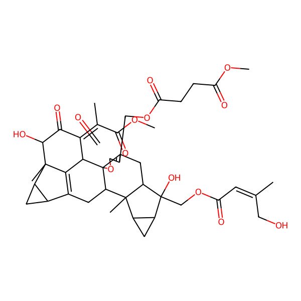 2D Structure of 4-O-[[9,21-dihydroxy-9-[(4-hydroxy-3-methylbut-2-enoyl)oxymethyl]-23-(1-methoxy-1-oxopropan-2-ylidene)-13,20-dimethyl-4,22-dioxo-3-oxaoctacyclo[14.7.1.02,6.02,14.08,13.010,12.017,19.020,24]tetracosa-5,16(24)-dien-5-yl]methyl] 1-O-methyl butanedioate