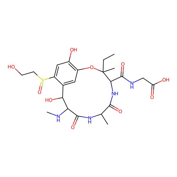 2D Structure of 2-[[(3S,4R,7R,10S,11R)-3-ethyl-11,15-dihydroxy-13-[(R)-2-hydroxyethylsulfinyl]-3,7-dimethyl-10-(methylamino)-6,9-dioxo-2-oxa-5,8-diazabicyclo[10.3.1]hexadeca-1(15),12(16),13-triene-4-carbonyl]amino]acetic acid