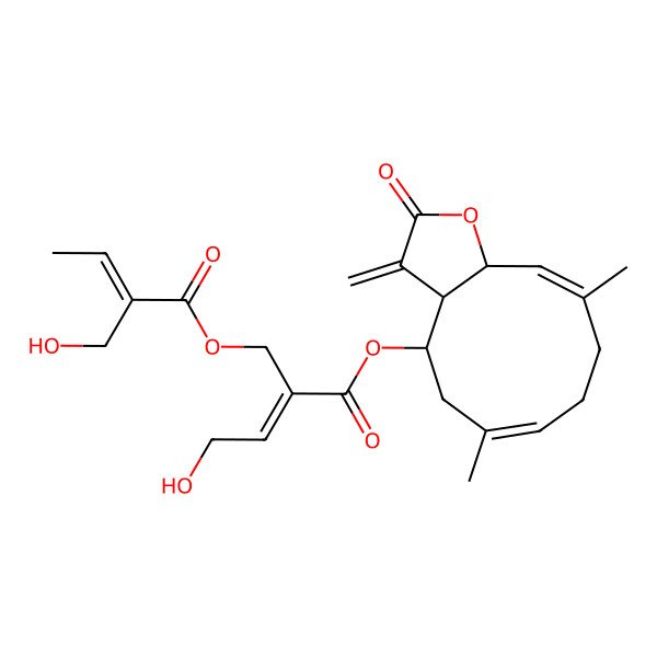 2D Structure of [(3aR,4R,6E,10E,11aR)-6,10-dimethyl-3-methylidene-2-oxo-3a,4,5,8,9,11a-hexahydrocyclodeca[b]furan-4-yl] (E)-4-hydroxy-2-[[(E)-2-(hydroxymethyl)but-2-enoyl]oxymethyl]but-2-enoate