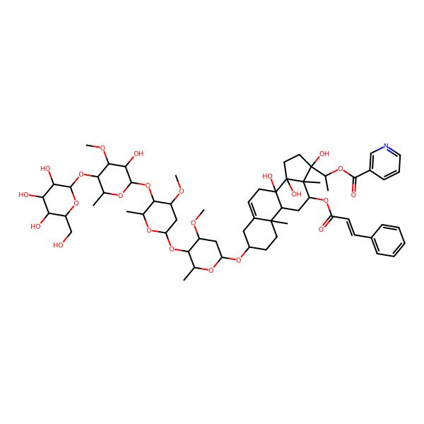 2D Structure of [(1S)-1-[(3S,8S,9R,10R,12R,13R,14R,17S)-8,14,17-trihydroxy-3-[(2R,4S,5R,6R)-5-[(2S,4S,5R,6R)-5-[(2S,3R,4R,5R,6R)-3-hydroxy-4-methoxy-6-methyl-5-[(2S,3R,4S,5S,6R)-3,4,5-trihydroxy-6-(hydroxymethyl)oxan-2-yl]oxyoxan-2-yl]oxy-4-methoxy-6-methyloxan-2-yl]oxy-4-methoxy-6-methyloxan-2-yl]oxy-10,13-dimethyl-12-[(Z)-3-phenylprop-2-enoyl]oxy-1,2,3,4,7,9,11,12,15,16-decahydrocyclopenta[a]phenanthren-17-yl]ethyl] pyridine-3-carboxylate