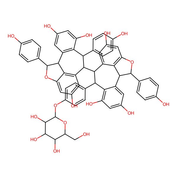 2D Structure of (1R,8R,9S,16R)-8,16-bis(4-hydroxyphenyl)-9-[(1R,8R,9S,16R)-4,6,12-trihydroxy-16-(4-hydroxyphenyl)-8-[4-[(2S,3R,4S,5S,6R)-3,4,5-trihydroxy-6-(hydroxymethyl)oxan-2-yl]oxyphenyl]-15-oxatetracyclo[8.6.1.02,7.014,17]heptadeca-2(7),3,5,10(17),11,13-hexaen-9-yl]-15-oxatetracyclo[8.6.1.02,7.014,17]heptadeca-2(7),3,5,10(17),11,13-hexaene-4,6,12-triol