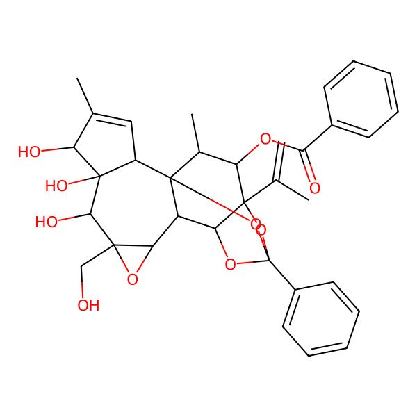 2D Structure of [5,6,7-Trihydroxy-8-(hydroxymethyl)-4,18-dimethyl-14-phenyl-16-prop-1-en-2-yl-9,13,15,19-tetraoxahexacyclo[12.4.1.01,11.02,6.08,10.012,16]nonadec-3-en-17-yl] benzoate