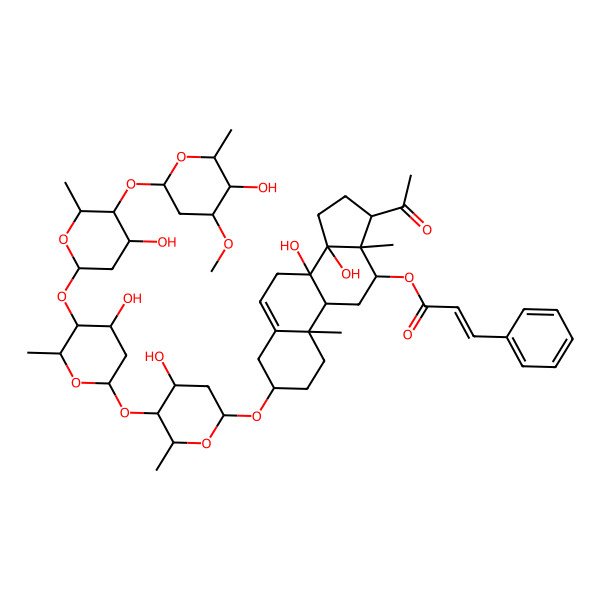 2D Structure of [(3S,8S,9R,10R,12R,13S,14R,17R)-17-acetyl-8,14-dihydroxy-3-[(2R,4S,5S,6R)-4-hydroxy-5-[(2S,4S,5S,6R)-4-hydroxy-5-[(2S,4S,5S,6R)-4-hydroxy-5-[(2S,4R,5R,6R)-5-hydroxy-4-methoxy-6-methyloxan-2-yl]oxy-6-methyloxan-2-yl]oxy-6-methyloxan-2-yl]oxy-6-methyloxan-2-yl]oxy-10,13-dimethyl-2,3,4,7,9,11,12,15,16,17-decahydro-1H-cyclopenta[a]phenanthren-12-yl] (Z)-3-phenylprop-2-enoate