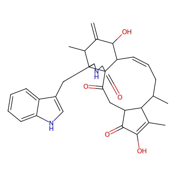 2D Structure of 6,14-dihydroxy-18-(1H-indol-3-ylmethyl)-7,9,16-trimethyl-15-methylidene-19-azatetracyclo[11.7.0.01,17.04,8]icosa-6,11-diene-2,5,20-trione