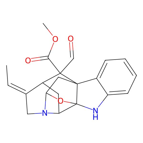 2D Structure of methyl (1R,9S,11S,14E,15S,17S,19S)-14-ethylidene-19-formyl-18-oxa-2,12-diazahexacyclo[9.6.1.19,15.01,9.03,8.012,17]nonadeca-3,5,7-triene-19-carboxylate