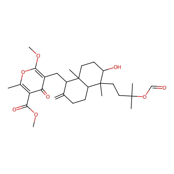 2D Structure of methyl 5-[[(1S,4aR,5R,6S,8aS)-5-(3-formyloxy-3-methylbutyl)-6-hydroxy-5,8a-dimethyl-2-methylidene-3,4,4a,6,7,8-hexahydro-1H-naphthalen-1-yl]methyl]-6-methoxy-2-methyl-4-oxopyran-3-carboxylate