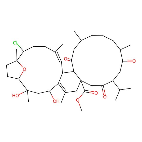 2D Structure of methyl (1R,2S,4R,8R,11S,14R,18S,21S,22R,23E,27S,28R)-27-chloro-2,4-dihydroxy-2,6,14,18,24,28-hexamethyl-10,13,20-trioxo-11-propan-2-yl-31-oxatetracyclo[26.2.1.05,22.08,21]hentriaconta-5,23-diene-8-carboxylate