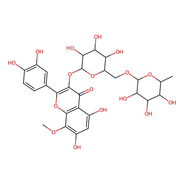 2D Structure of 2-(3,4-dihydroxyphenyl)-5,7-dihydroxy-8-methoxy-3-[(2S,3R,4R,5S,6R)-3,4,5-trihydroxy-6-[[(2R,3R,4S,5R,6R)-3,4,5-trihydroxy-6-methyloxan-2-yl]oxymethyl]oxan-2-yl]oxychromen-4-one