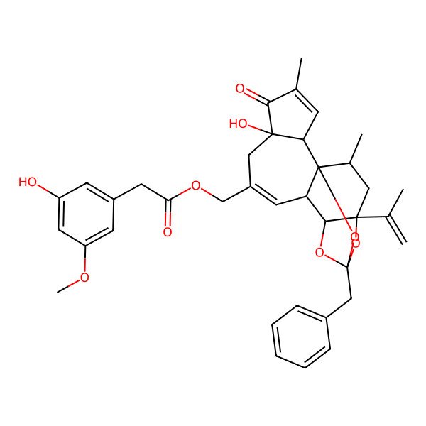 2D Structure of (13-Benzyl-6-hydroxy-4,17-dimethyl-5-oxo-15-prop-1-en-2-yl-12,14,18-trioxapentacyclo[11.4.1.01,10.02,6.011,15]octadeca-3,8-dien-8-yl)methyl 2-(3-hydroxy-5-methoxyphenyl)acetate