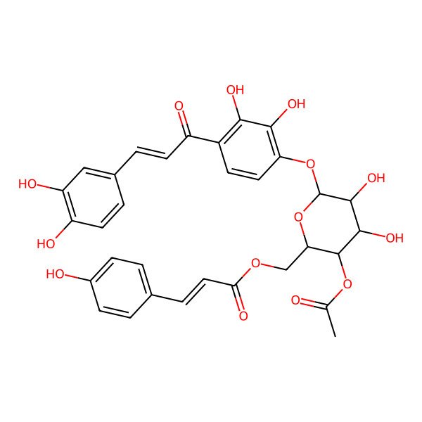 2D Structure of [(2R,3S,4R,5R,6S)-3-acetyloxy-6-[4-[(E)-3-(3,4-dihydroxyphenyl)prop-2-enoyl]-2,3-dihydroxyphenoxy]-4,5-dihydroxyoxan-2-yl]methyl (E)-3-(4-hydroxyphenyl)prop-2-enoate