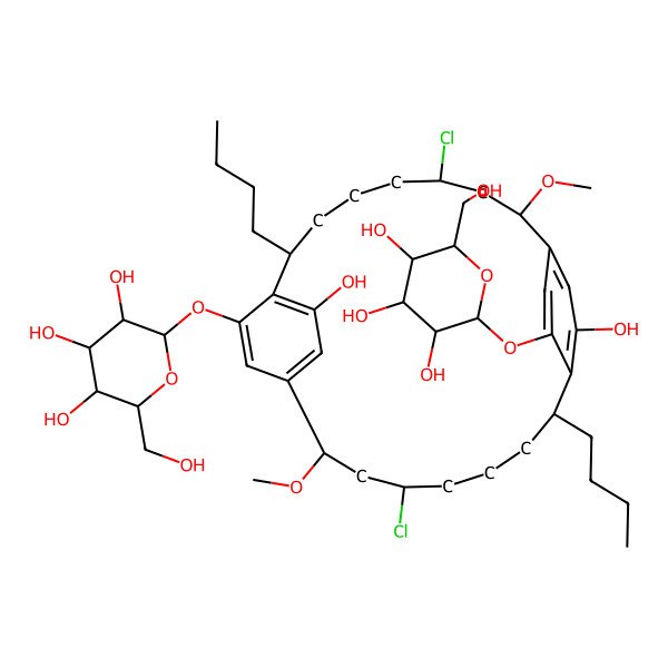 2D Structure of (2S,3R,4S,5S,6R)-2-[[(2R,4R,8S,13R,15R,19S)-8,19-dibutyl-4,15-dichloro-21,26-dihydroxy-2,13-dimethoxy-24-[(2S,3R,4S,5S,6R)-3,4,5-trihydroxy-6-(hydroxymethyl)oxan-2-yl]oxy-10-tricyclo[18.2.2.29,12]hexacosa-1(22),9(26),10,12(25),20,23-hexaenyl]oxy]-6-(hydroxymethyl)oxane-3,4,5-triol