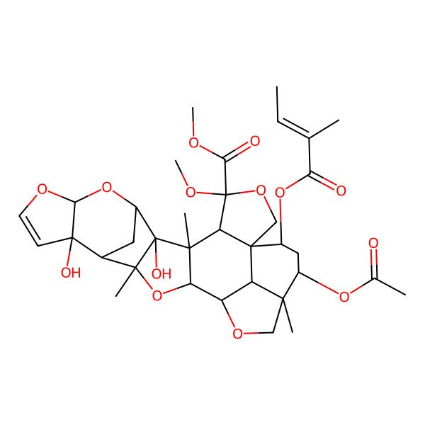 2D Structure of methyl (1S,4S,5R,6S,7R,8S,10R,14R,15S,16R,18S,19R,22R,23R,25S,26S)-23-acetyloxy-7,14-dihydroxy-4-methoxy-6,16,22-trimethyl-25-[(E)-2-methylbut-2-enoyl]oxy-3,9,11,17,20-pentaoxaoctacyclo[17.6.1.18,15.01,5.06,18.07,16.010,14.022,26]heptacos-12-ene-4-carboxylate