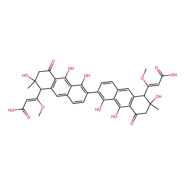 2D Structure of (Z)-3-[(1R,2S)-6-[(5R,6S)-5-[(Z)-2-carboxy-1-methoxyethenyl]-1,6,9-trihydroxy-6-methyl-8-oxo-5,7-dihydroanthracen-2-yl]-2,5,10-trihydroxy-2-methyl-4-oxo-1,3-dihydroanthracen-1-yl]-3-methoxyprop-2-enoic acid