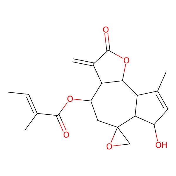 2D Structure of (7-hydroxy-9-methyl-3-methylidene-2-oxospiro[4,5,6a,7,9a,9b-hexahydro-3aH-azuleno[4,5-b]furan-6,2'-oxirane]-4-yl) 2-methylbut-2-enoate