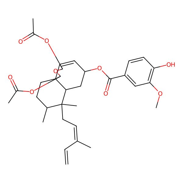 2D Structure of [1,3-Diacetyloxy-7,8-dimethyl-7-(3-methylpenta-2,4-dienyl)-1,3,5,6,6a,8,9,10-octahydrobenzo[d][2]benzofuran-5-yl] 4-hydroxy-3-methoxybenzoate