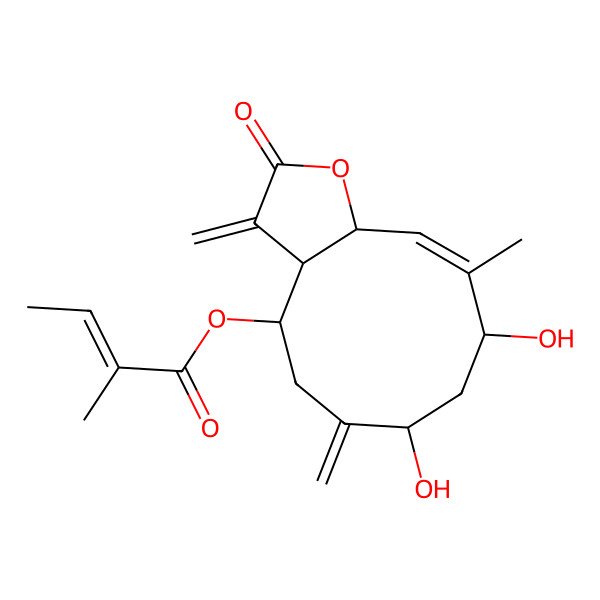 2D Structure of [(3aS,4R,7R,9S,10Z,11aS)-7,9-dihydroxy-10-methyl-3,6-dimethylidene-2-oxo-4,5,7,8,9,11a-hexahydro-3aH-cyclodeca[b]furan-4-yl] (E)-2-methylbut-2-enoate