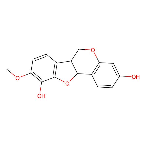 2D Structure of 6H-Benzofuro[3,2-c][1]benzopyran-3,10-diol, 6a,11a-dihydro-9-methoxy-, (6aS,11aS)-