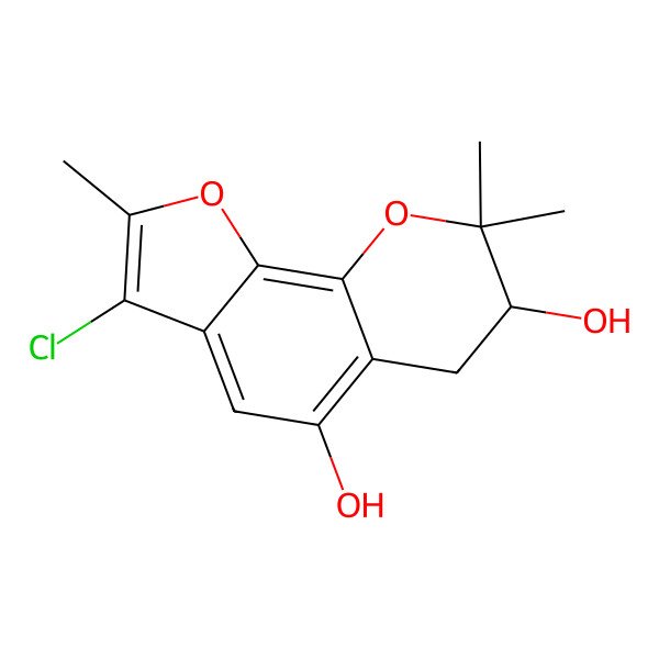 2D Structure of 6H-Furo(3,2-h)(1)benzopyran-5,7-diol, 3-chloro-7,8-dihydro-2,8,8-trimethyl-, (-)-