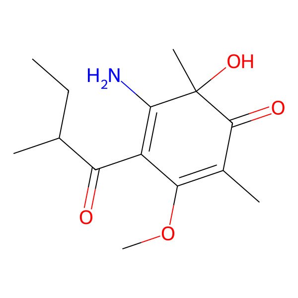 2D Structure of (6R)-5-amino-6-hydroxy-3-methoxy-2,6-dimethyl-4-[(2R)-2-methylbutanoyl]cyclohexa-2,4-dien-1-one