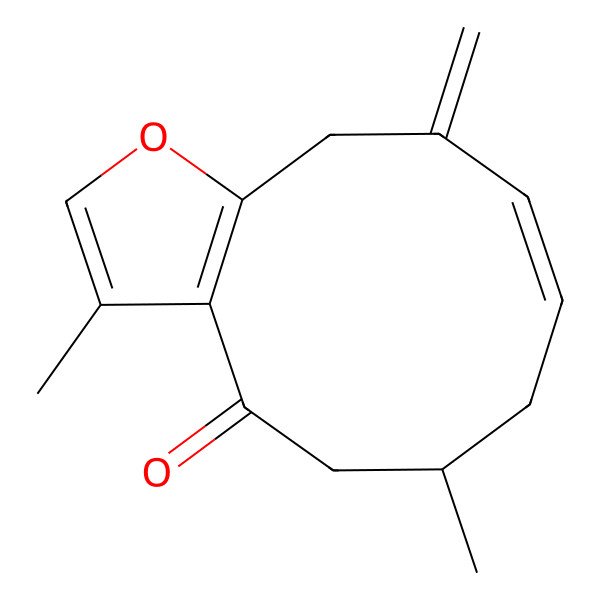 2D Structure of (6R,8E)-3,6-dimethyl-10-methylidene-5,6,7,11-tetrahydrocyclodeca[b]furan-4-one