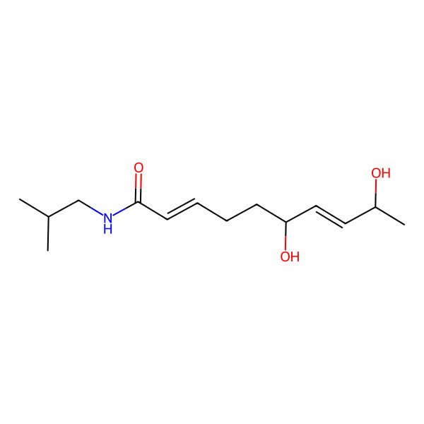 2D Structure of (6R,9R)-6,9-dihydroxy-N-(2-methylpropyl)deca-2,7-dienamide 2D Structure of (6R,9R)-6,9-dihydroxy-N-(2-methylpropyl)deca-2,7-dienamide