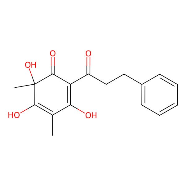 2D Structure of (6S)-3,5,6-trihydroxy-4,6-dimethyl-2-(3-phenylpropanoyl)cyclohexa-2,4-dien-1-one