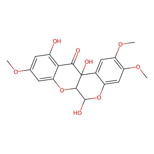 2D Structure of (6S,6aS,12aR)-6,11,12a-trihydroxy-2,3,9-trimethoxy-6,6a-dihydrochromeno[3,4-b]chromen-12-one