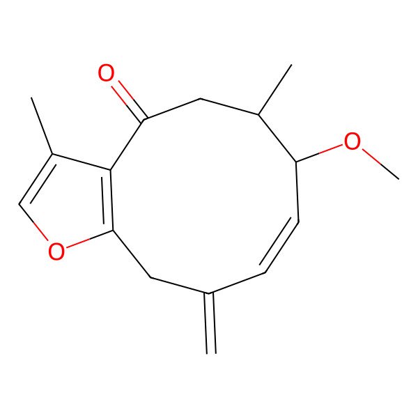 2D Structure of (6S,7S,8E)-7-methoxy-3,6-dimethyl-10-methylidene-5,6,7,11-tetrahydrocyclodeca[b]furan-4-one