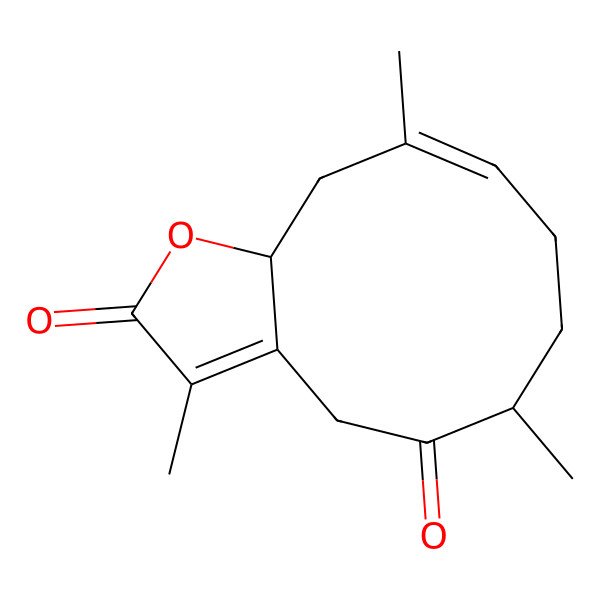 2D Structure of (6S,9E,11aR)-3,6,10-trimethyl-4,6,7,8,11,11a-hexahydrocyclodeca[b]furan-2,5-dione