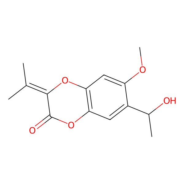 2D Structure of 7-(1-Hydroxyethyl)-6-methoxy-3-propan-2-ylidene-1,4-benzodioxin-2-one