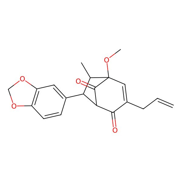 2D Structure of 7-(1,3-Benzodioxol-5-yl)-5-methoxy-6-methyl-3-prop-2-enylbicyclo[3.2.1]oct-3-ene-2,8-dione