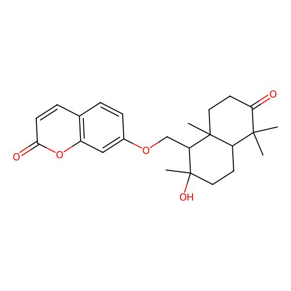 2D Structure of 7-[(2-Hydroxy-2,5,5,8a-tetramethyl-6-oxo-1,3,4,4a,7,8-hexahydronaphthalen-1-yl)methoxy]chromen-2-one