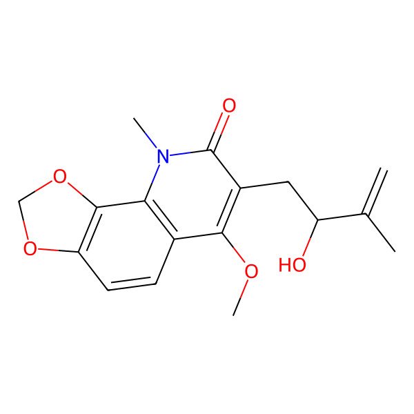 2D Structure of 7-(2-Hydroxy-3-methylbut-3-enyl)-6-methoxy-9-methyl-[1,3]dioxolo[4,5-h]quinolin-8-one