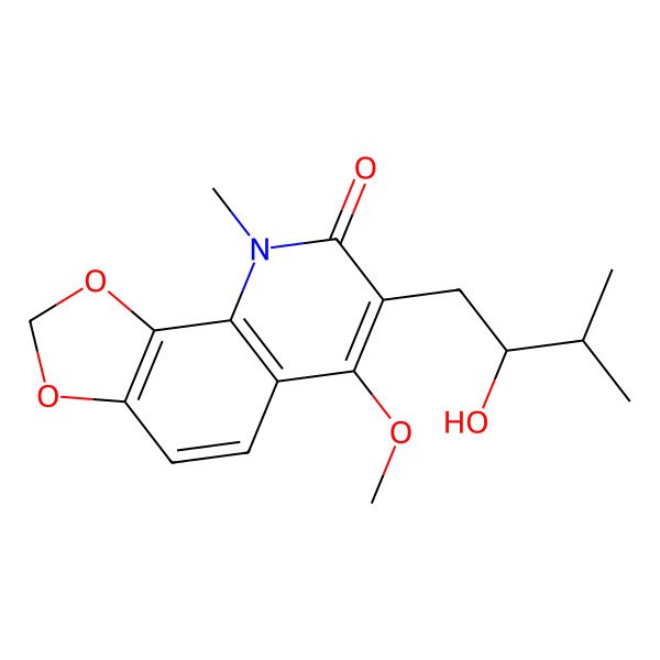 2D Structure of 7-(2-Hydroxy-3-methylbutyl)-6-methoxy-9-methyl-[1,3]dioxolo[4,5-h]quinolin-8-one