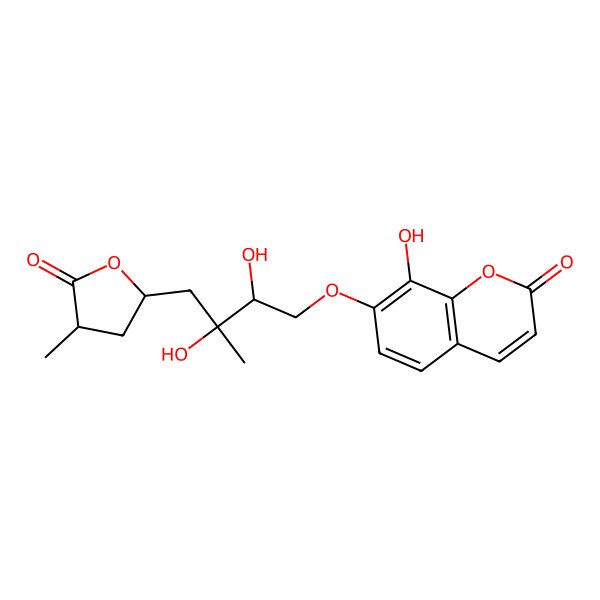 2D Structure of 7-[2,3-Dihydroxy-3-methyl-4-(4-methyl-5-oxooxolan-2-yl)butoxy]-8-hydroxychromen-2-one