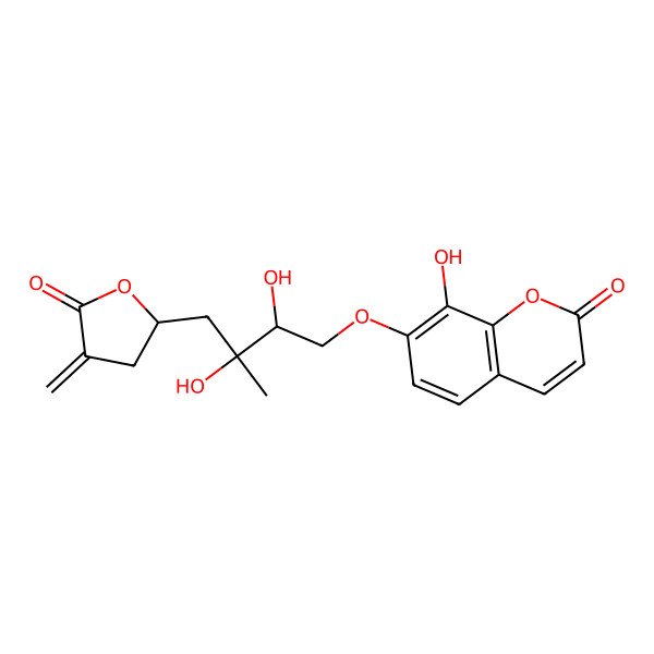 2D Structure of 7-[2,3-Dihydroxy-3-methyl-4-(4-methylidene-5-oxooxolan-2-yl)butoxy]-8-hydroxychromen-2-one