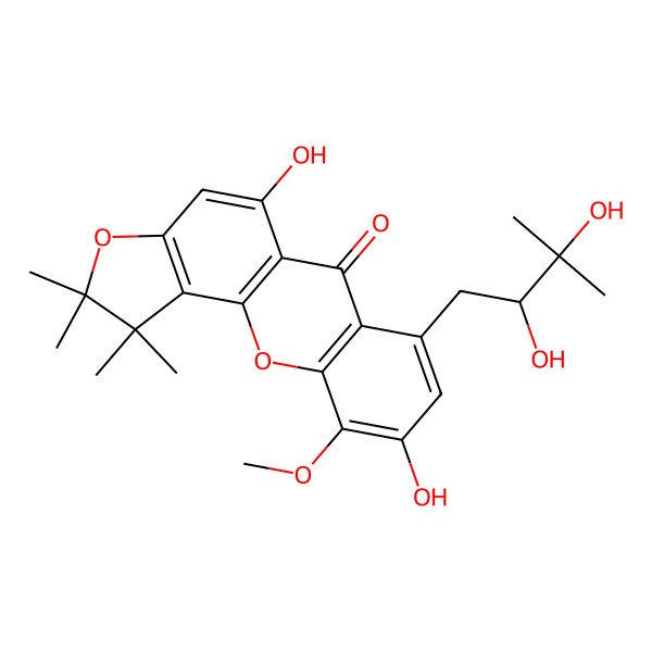 2D Structure of 7-(2,3-Dihydroxy-3-methylbutyl)-5,9-dihydroxy-10-methoxy-1,1,2,2-tetramethylfuro[2,3-c]xanthen-6-one