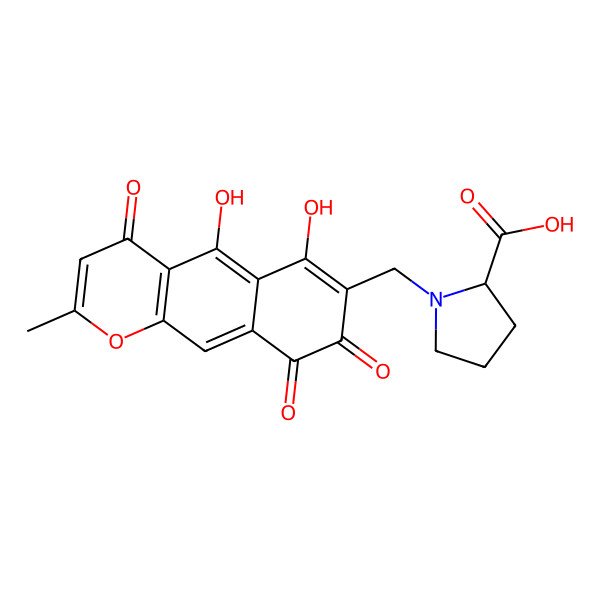 2D Structure of (2R)-1-[(5,6-dihydroxy-2-methyl-4,8,9-trioxobenzo[g]chromen-7-yl)methyl]pyrrolidine-2-carboxylic acid